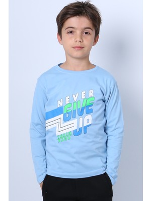 Erkek Çocuk Uzun Kollu Tshirt Never Give Up Baskılı Bisiklet Yaka D10