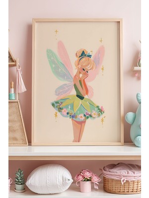 Artiera Bahar Perisi Renkli Kanatlar ve Çiçek Detayları Çocuk Odası  Ahşap Çerçeveli Duvar Tablosu