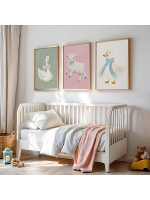 Artiera Ördek, Kuzu ve Kaz Temalı Çocuk Odası Doğal Ahşap Çerçeveli Tablo Seti