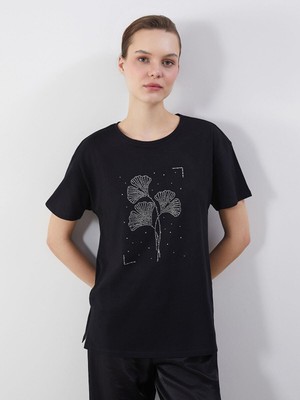 Lcwaıkıkı Classic  Bisiklet Yaka Penye Taşlı Kadın Tişört