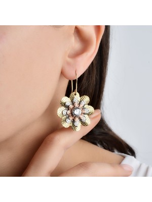Nox Jewelry 14 Ayar Altın Kaplama Dokulu ve Taşlı Çiçek Tasarım Sallantılı  Gümüş Küpe - E00290