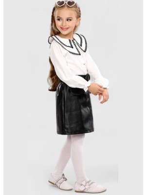 Kumrunun Dünyası Kız Çocuk Bebe Yakalı Işlemeli Gömlek ve Deri Siyah Etek Alt Üst Takım