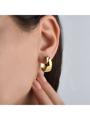 Nox Jewelry 14 Ayar Altın Kaplama Geniş Bant Zarif  C  Gümüş Küpe - E00284