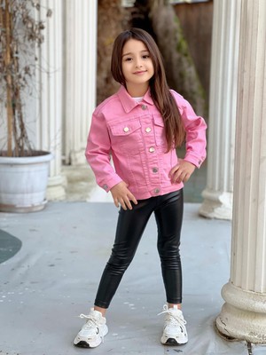 Yağmurun Butiği Pembe Renk Kelebek Nakış İşlemeli Düğme Detaylı Kız Çocuk Kot Ceket
