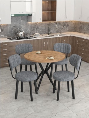 Azra Serisi Atlantik 90  cm  Sabit Yuvarlak Masa, Mutfak Masa Takımı 4 Sandayeli - Koyu Gri