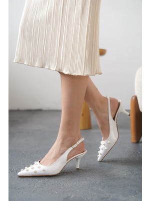 Moda Adam Kadın Volate Troklu Kısa Topuklu Ayakkabı - Beyaz-Rugan