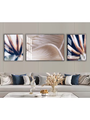 Harikabirev Harikabirev|lacivert-Krem Mantar Bitkili Kombini |çerçeveli Temperli Cam Tablo 3lü Yatay