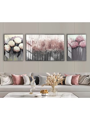 Harikabirev Harikabirev|pembe-Gümüş Soft Çiçek Kombini |çerçeveli Temperli Cam Tablo 3lü Yatay
