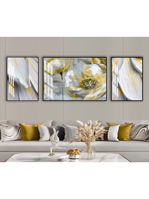 Harikabirev Harikabirev|soft Renk Beyaz-Gold Minimal Çiçek Kombini |çerçeveli Temperli Cam Tablo 3lü Yatay