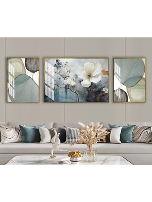 Harikabirev Harikabirev|yeşil-Mavi Soyut Bohem Çiçek Kombini |çerçeveli Temperli Cam Tablo 3lü Yatay