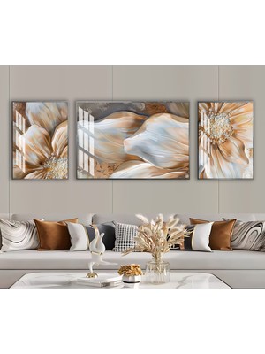 Harikabirev Harikabirev|beyaz-Turuncu Çiçek Detay Kombini |çerçeveli Temperli Cam Tablo 3lü Yatay
