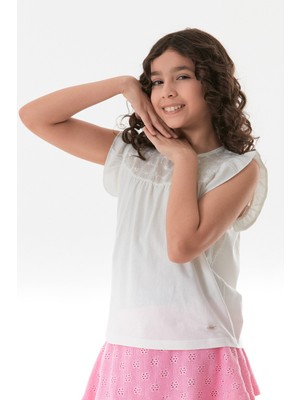 FullaModa  Kolu Fırfırlı Çiçek Nakışlı Kız Çocuk Bluz