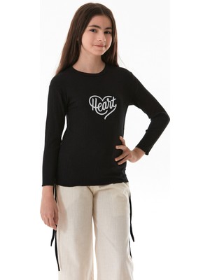 FullaModa Fitilli Heart Baskılı Yanları Büzgülü Kız Çocuk Body