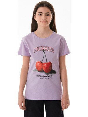 %100 Pamuk Kiraz Baskılı Bisiklet Yaka Kız Çocuk Tişört