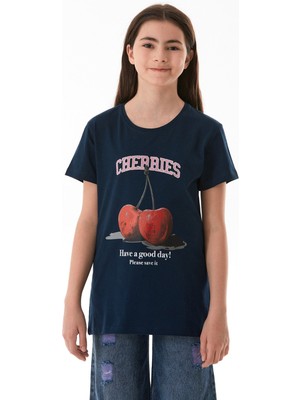 %100 Pamuk Kiraz Baskılı Bisiklet Yaka Kız Çocuk Tişört