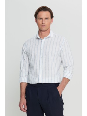 Pamuklu Keten Comfort Fit Rahat Kesim Gizli Düğmeli Yaka Çizgili Gömlek