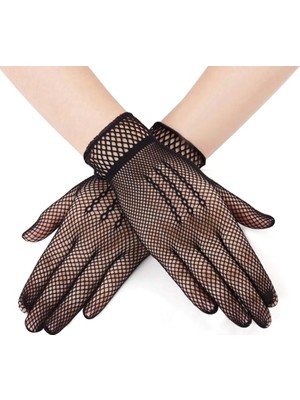 Siyah Renk Likralı File Eldiven Parmaklı Örgü Eldiven Yetişkin Boy (4887)