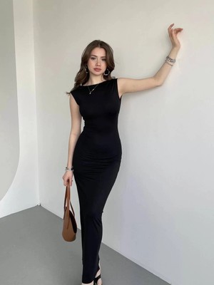 Kadın Siyah Sırt Dekolteli Yumuşak Dokulu Elbise HZL25S-ZK13321