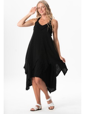 Askılı V Yaka Leyla Asimetrik Kesim Midi Boy Müslin Yazlık Elbise Siyah Syh