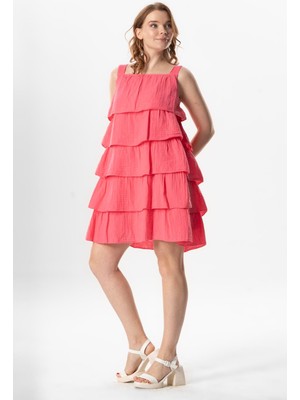 Askılı Kare Yaka Elfida Kat Kat Müslin Yazlık Kısa Elbise Pembe Pmb