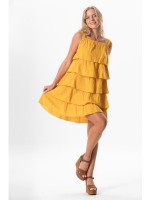 Askılı Kare Yaka Elfida Kat Kat Müslin Yazlık Kısa Elbise Hardal Hrd