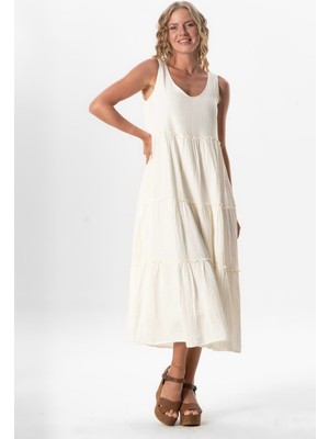 Kolsuz Artemis Oval Yaka Yıldız Baskılı Midi Boy Müslin Yazlık Elbise Kırık Beyaz Krkbyz
