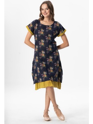 Kısa Kol Vual Defne Midi Boy Yazlık Otantik Elbise Mimoza Lacivert 6235