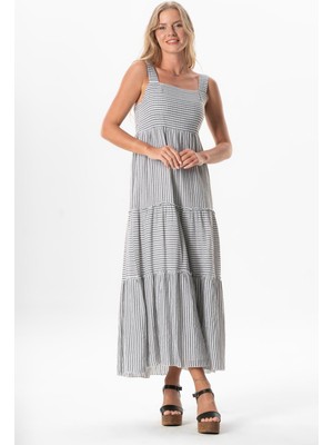 Askılı Şile Bezi Kare Yaka Tılsım Uzun Yazlık Elbise Siyah Çizgili Syhbyz