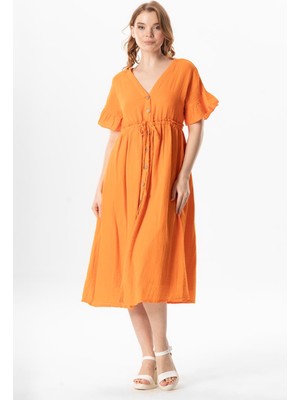 Kısa Kol Büzgülü Afra Midi Boy Yazlık Müslin Elbise Turuncu Trnc