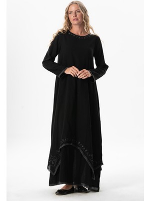 Uzun Kol Şile Bezi Lerzan Oval Yaka Nakışlı Yazlık Elbise Siyah Syh