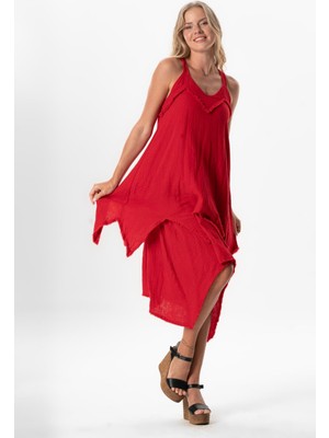 Askılı V Yaka Leyla Asimetrik Kesim Midi Boy Müslin Yazlık Elbise Kırmızı Krmz
