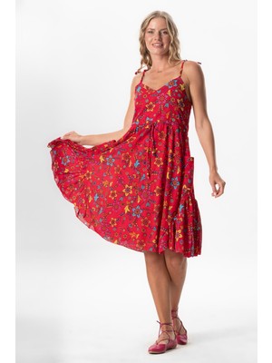 Askılı Vual Melisa Kısa Yazlık Etnik Elbise Sarmaşık Kırmızı Srmşk Krmz