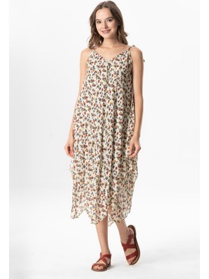 Askılı Vual Afrodit Midi Boy Yazlık Elbise Menekşe Krem 6238