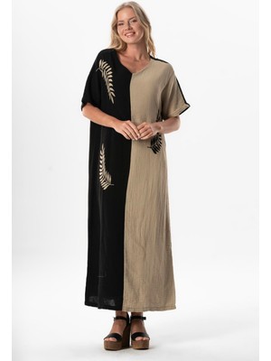 Yarım Kol V Yaka Yaprak Baskılı Uzun Müslin Yazlık Elbise Siyah/vizon Syh/vzn