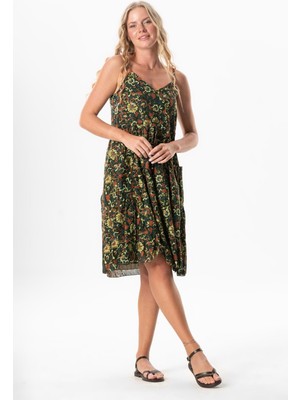 Askılı Vual Melisa Kısa Yazlık Etnik Elbise Sarmaşık Haki Srmşk Hk