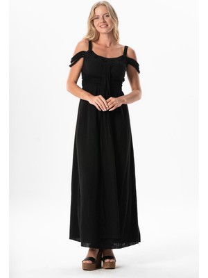 Askılı Kleopatra Kol Detaylı Uzun Müslin Yazlık Elbise Siyah Syh