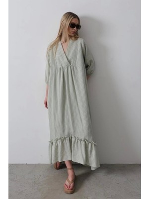 Defy Moda Çizgili Oversize V Yaka Elbise - Haki