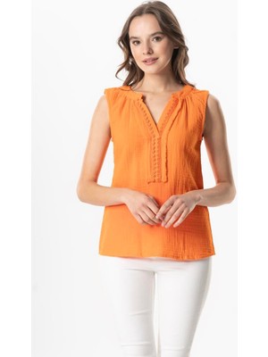 Eliş Şile Bezi Kolsuz V Yaka Berrin Güpür Detaylı Müslin Yazlık Bluz Siyah Syh