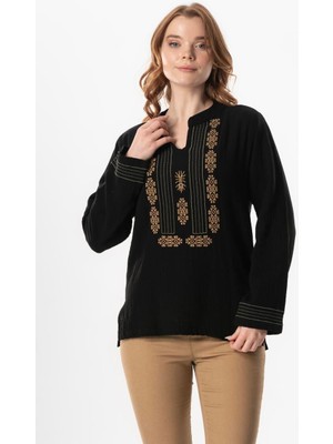 Eliş Şile Bezi Uzun Kol Ibiza Nakışlı Kadın Müslin Yazlık Tshirt Hardal Hrd