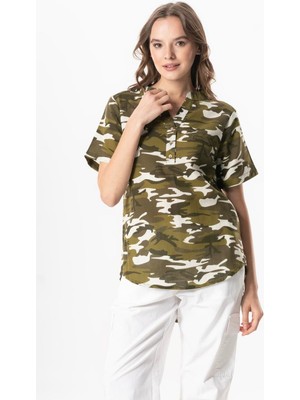 Eliş Şile Bezi Kısa Kol Şile Bezi Seda V Yaka Kamuflaj Yazlık Bluz Yeşil Ysl