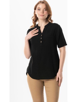 Eliş Şile Bezi Kısa Kol Gülgün V Yaka Müslin Yazlık Bluz Vizon Vzn