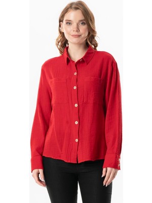 Uzun Kol Burcu Cep Detaylı Müslin Yazlık Gömlek Kırmızı Krmz
