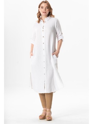 Uzun Kol Gömlek Yaka Hafsa Müslin Yazlık Tunik Beyaz Byz