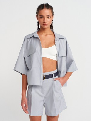 50495 Oversize Cepli Gömlek-Koyu Mavi