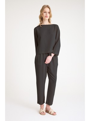 Yazlık Beli Kemerli Alt Üst Şık Siyah Keten Takım