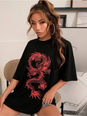 Moonlife Kadın Siyah Chinese Dragon Baskılı Oversize T-Shirt