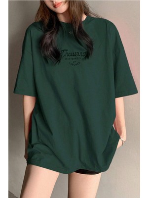 Kadın Nefti Yeşili Bisiklet Yaka Thousand Baskılı Oversize T-Shirt