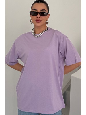 Kadın Lila Bisiklet Yaka Düz T-Shirt