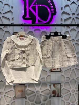 Kız Çocuk Desenli Etek Yelek Bluz Alt Üst 3'lü Takım