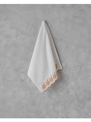 Artistic Leafy Pamuklu Brodeli Yüz Havlusu 50x80 cm Ekru-Sarı